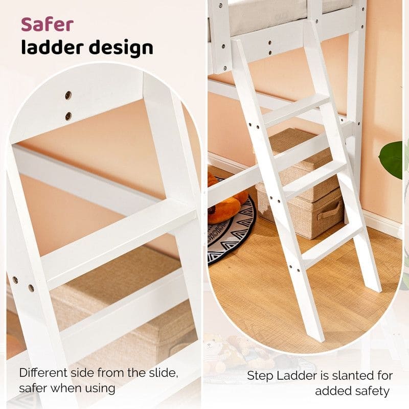Loft Bed with Slide, Twin, Space Saving Kids Low Loft Bed with Guardrail and Ladder