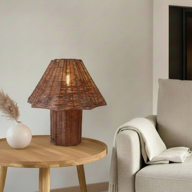 Brightech Leon 13 in. Woven Beige Rattan Mid-Century Coastal LED Bedside Nightstand Desk Lamp with Matching Woven Empire Shade