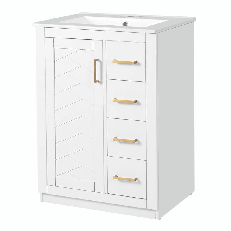 24" Bathroom Vanity with Integrated Ceramic Sink, Cabinet with 1 Door and 3 Drawers