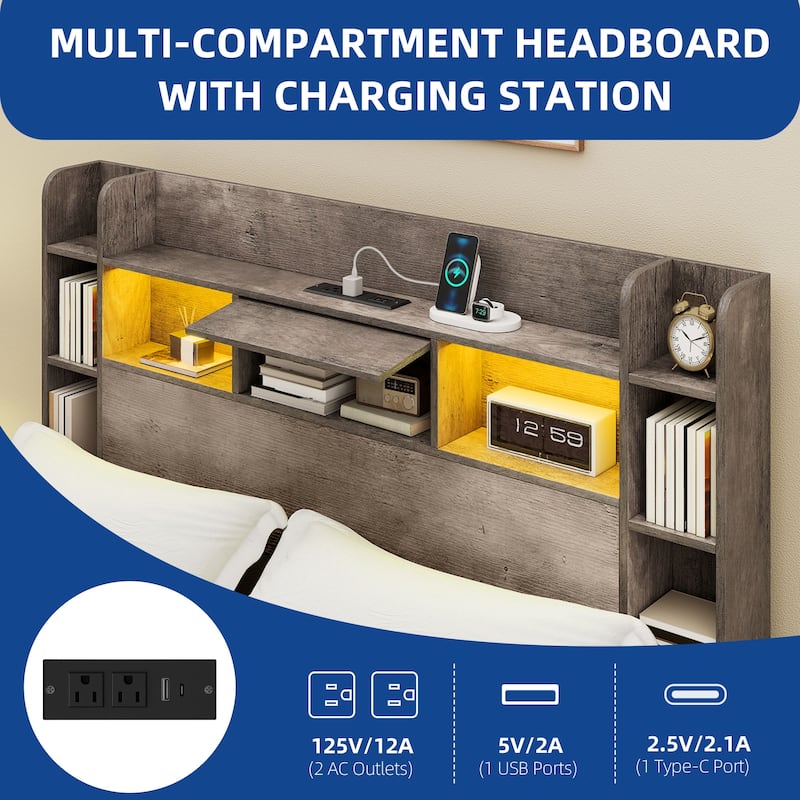 Moasis Queen/King Size Bed Frame with Bookcase Headboard and 4 Storage Drawers