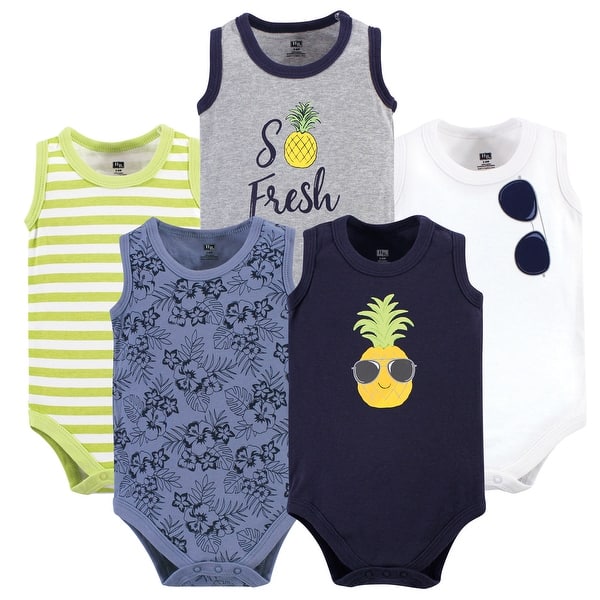 slide 1 of 1, Hudson Baby Infant Boy Cotton Sleeveless Bodysuits 5pk, Pineapple 12-18 Months - Pineapple 5-Pack