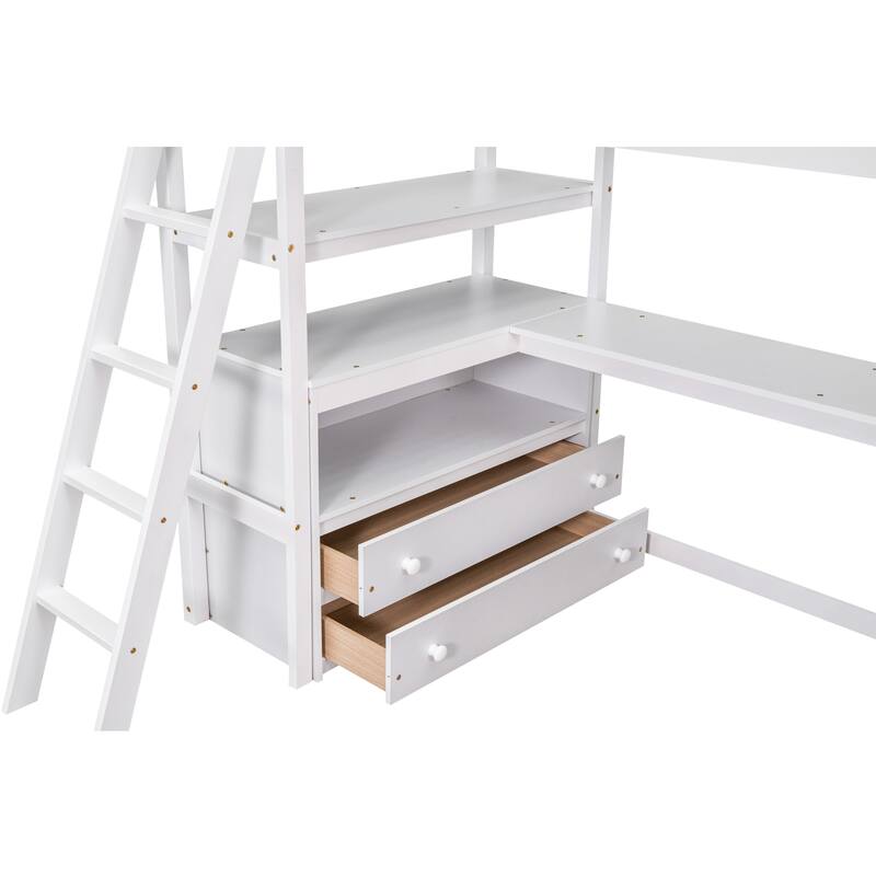 Pine Loft Bed with Desk, Shelves & Drawers