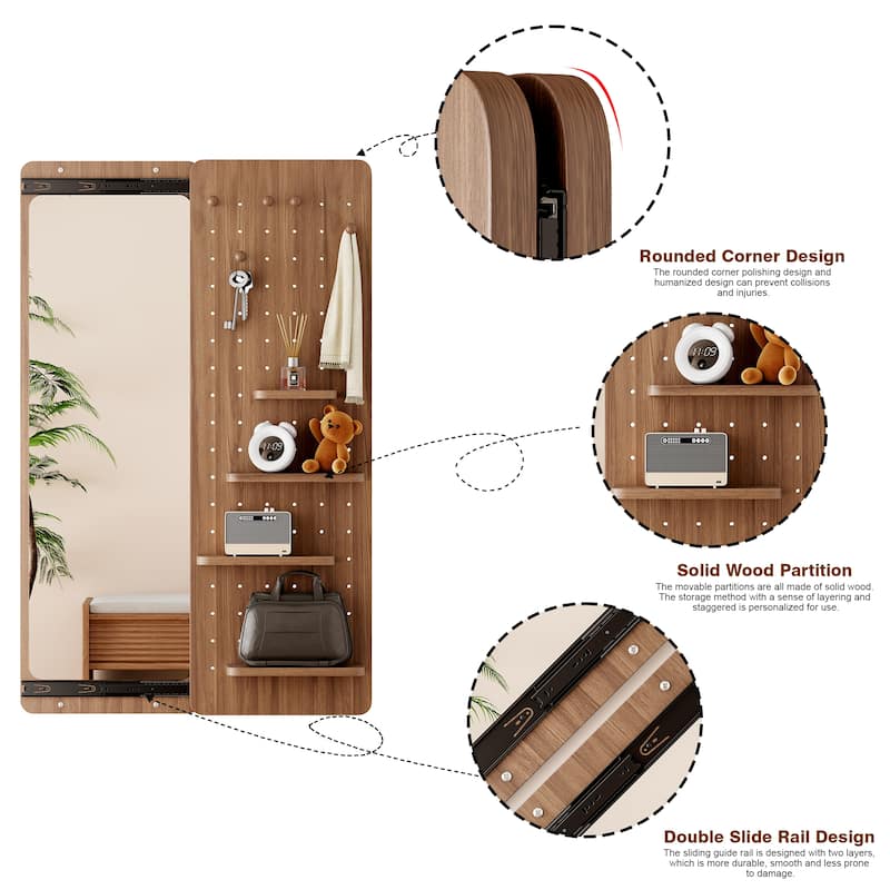 Wall Mounted Full Length Mirror with Shelf and Hook Wall Mounted Mirror with Multifunctional Design Panel(47.6*15.7in)