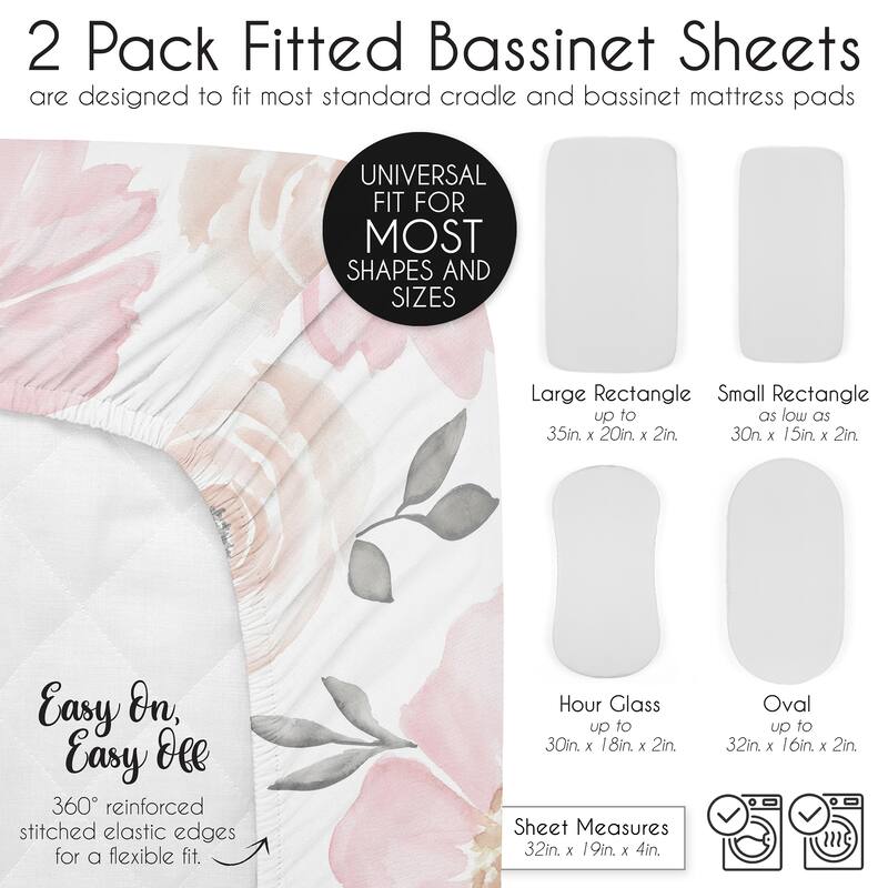 Sweet Jojo Designs Pink Boho Floral Girl 2 Pack Baby Bassinet Fitted Sheets Bohemian Farmhouse Shabby Chic Watercolor Flower