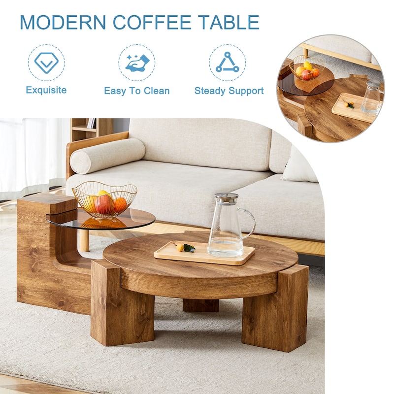 Double-Layer Round Coffee Table, Transparent Glass Top with L-Shaped Legs, Detachable Design Modern Center Table