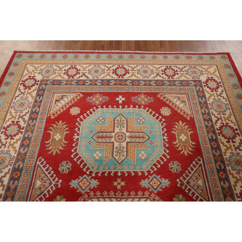 Geometric Kazak Living Room Area Rug Hand-Knotted Wool Carpet - 6'8" x 10'3"