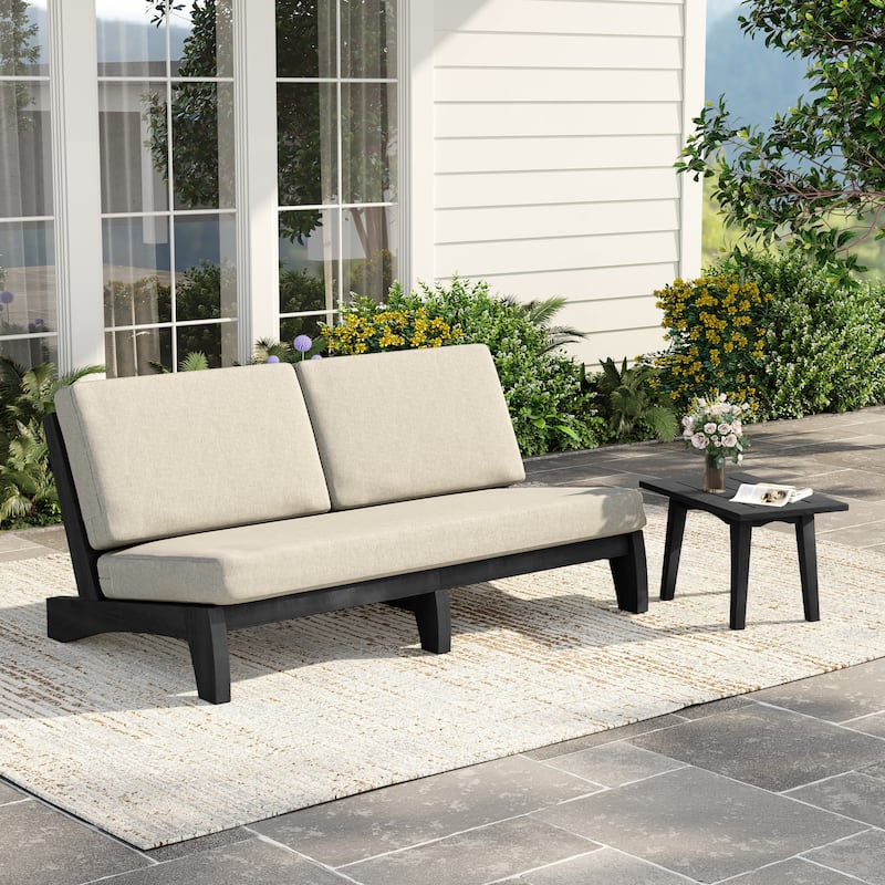 2-Piece Casual Teak Outdoor Patio Sofa Set with Side Table - Dark Wood - Light Camel