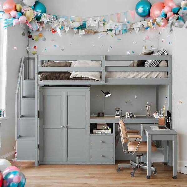 slide 2 of 20, Full Size Loft Bed with Stairs, Bookshelf, Drawers, Desk & Wardrobe - Multifunctional Furniture for Kids & Teens Gray