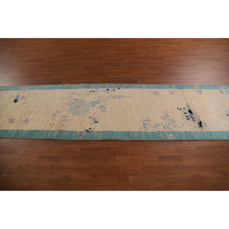 Vegetable Dye Oushak Turkish Runner Rug Handmade Wool Carpet - 2'10"x 11'9"