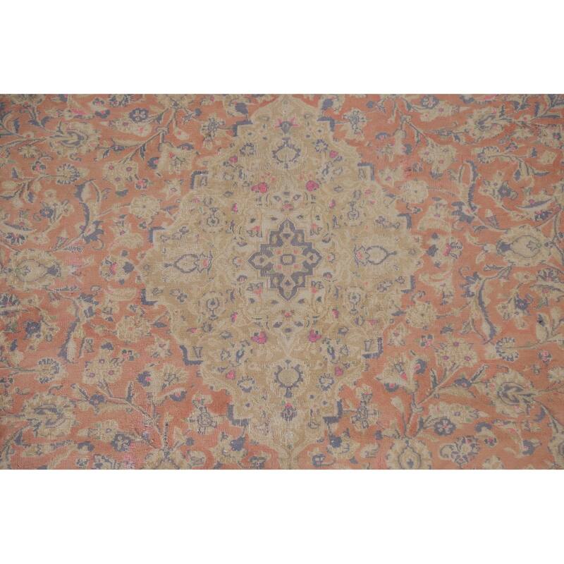 Hand Knotted Oriental 100% Wool Carpet Traditional Floral Coral Mashad Area Rug - 12' 7'' X 9' 3''