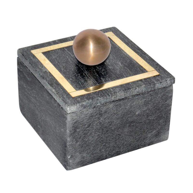 Decorative Box Marble Stone Metal Brass Modern Storage Container with Removable Lid - 5" x 5" x 5" - Black