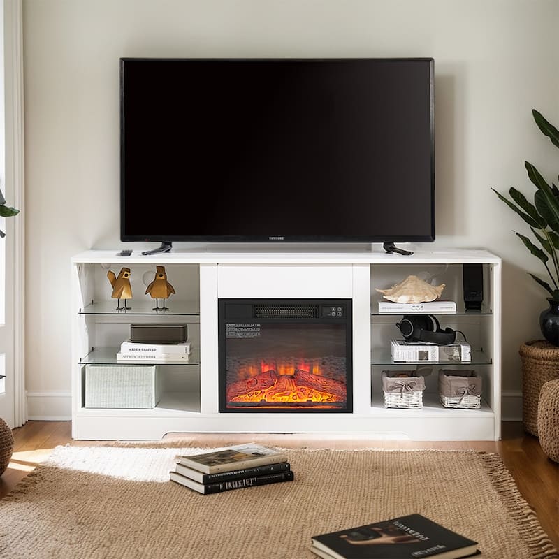 58"W Fireplace TV Stand with 18'' Fireplace, LED Light, USB Outlet - 58''W*15.5''D*24.4''H - White