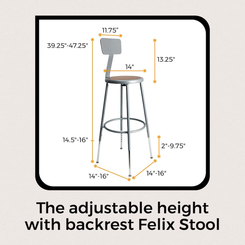 Hampden Furnishings Felix Height Adjustable Steel Stool with Backrest, Black, AssemblyReady