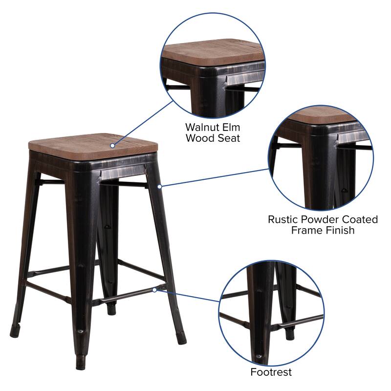 24" High Backless Metal Counter Height Stool with Square Wood Seat