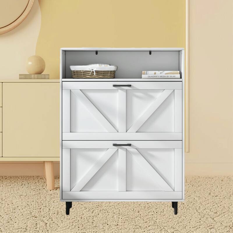 Slim Freestanding Shoe Organizer Cabinet with Barn Door Design, Adjustable Shelves and Top Shelf Storage for Entryway, Foyer - Antique White