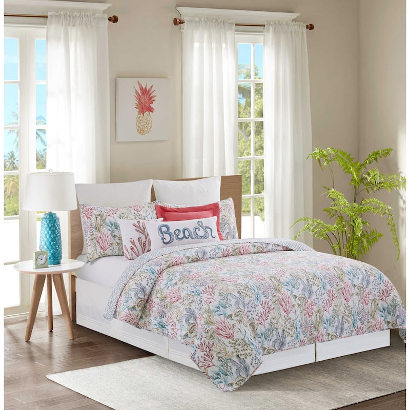 Delphina Reef Cotton Quilt Set - Reversible and Machine Washable - 3 Piece - Queen