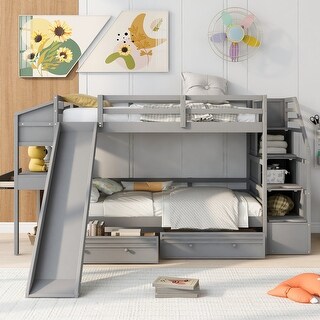 Twin over Twin Bunk Bed with Storage Staircase, Slide and Drawers, Desk with Drawers and Shelves