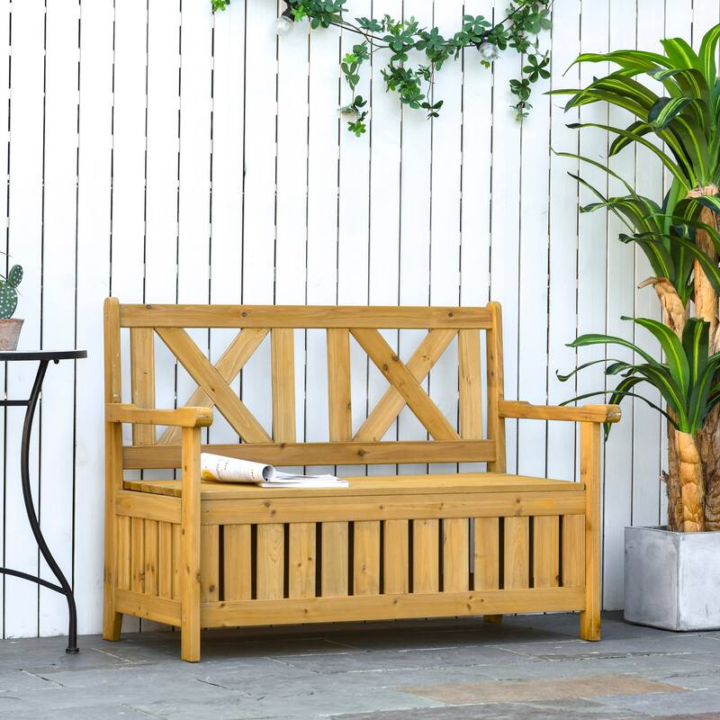 Cream White Rustic Solid Fir Wood Storage Boxes with Bench and 4 Wooden Legs for Porch Deck Garden and Balcony - Yellow