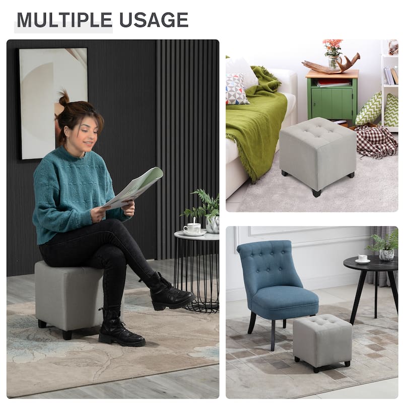 HOMCOM Tufted Ottoman Linen-Touch Fabric Upholstered Footrest Stool with Anti-Slip Pads