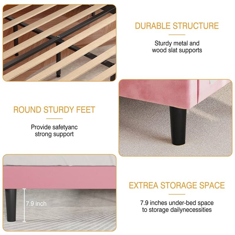 VECELO Upholstered Beds With Diamond Tufted Headboard Platform Bed Frame 7.9'' Under Bed Space