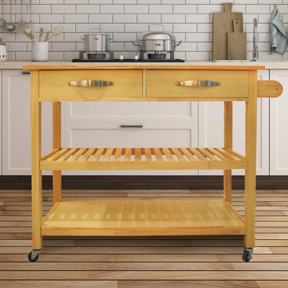 45" Kitchen Island Cart with Wheels, 2 Drawers & Open Storage Shelves - 45 x 17 x 35 inches