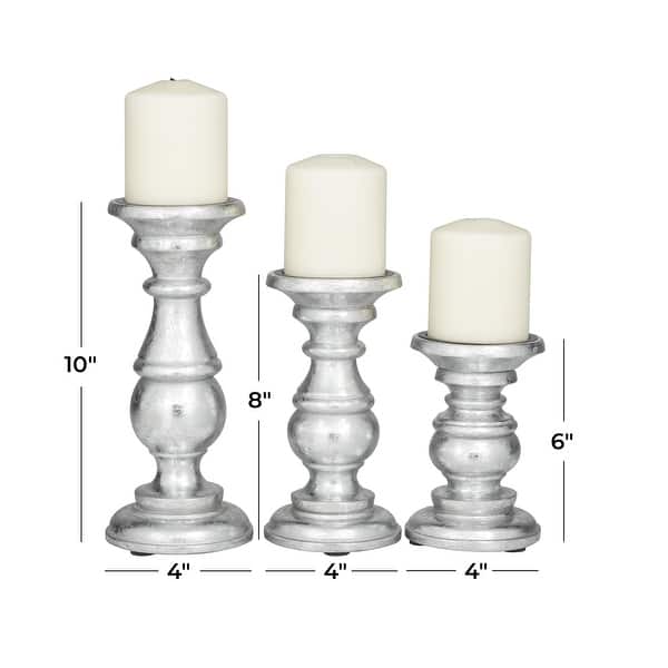 dimension image slide 4 of 6, Mango Wood Turned Style Pillar Candle Holder (Set of 3) - White, Brown, Gold, Black, Light Blue, Cream, Silver