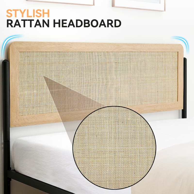 Metal Bed Frame with Curved Natural Rattan Headboard, No Box Spring Needed