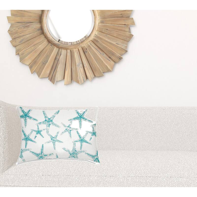 HomeRoots 14" X 20" Turquoise And White Starfish Blown Seam Nautical Lumbar Indoor Outdoor Pillow - 14