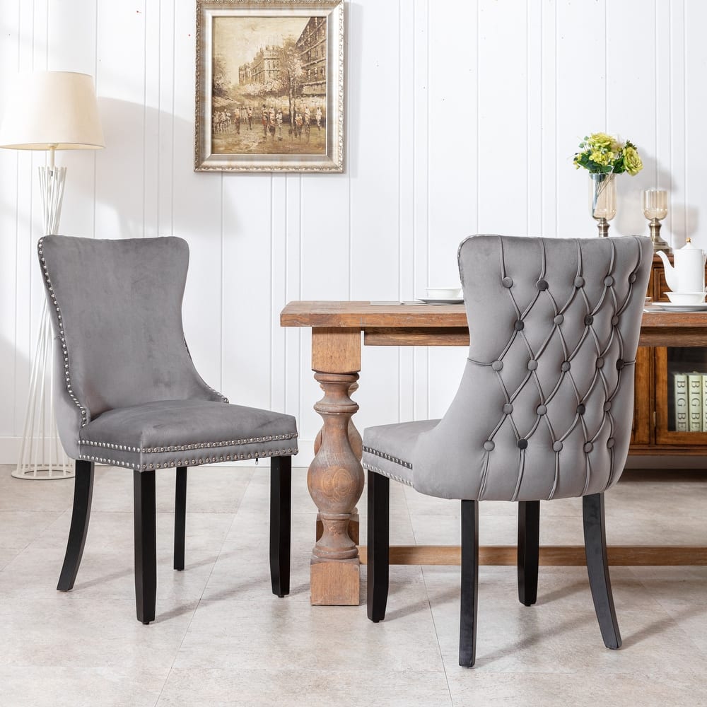 Wing Upholstered Dining Chair w/ Nailhead Trim & Solid Wood Legs Set of 2 - Black