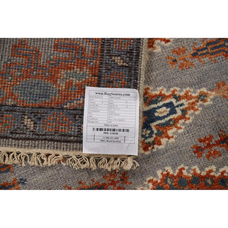 Geometric Viss Indian Runner Rug Handmade Gray Wool Carpet - 2'6"x 9'7"