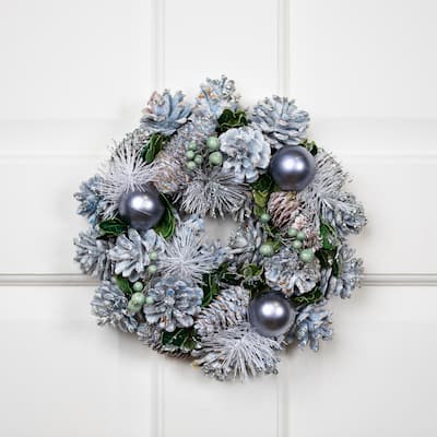 Pinecones, Ornaments and Pine Needles Christmas Wreath - 10" - Blue - Unlit