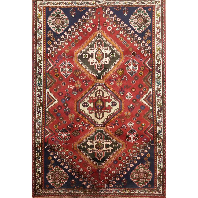 Hand Knotted Oriental 100% Wool Carpet Traditional Tribal Red Shiraz Area Rug - 6' 0'' X 4' 1''
