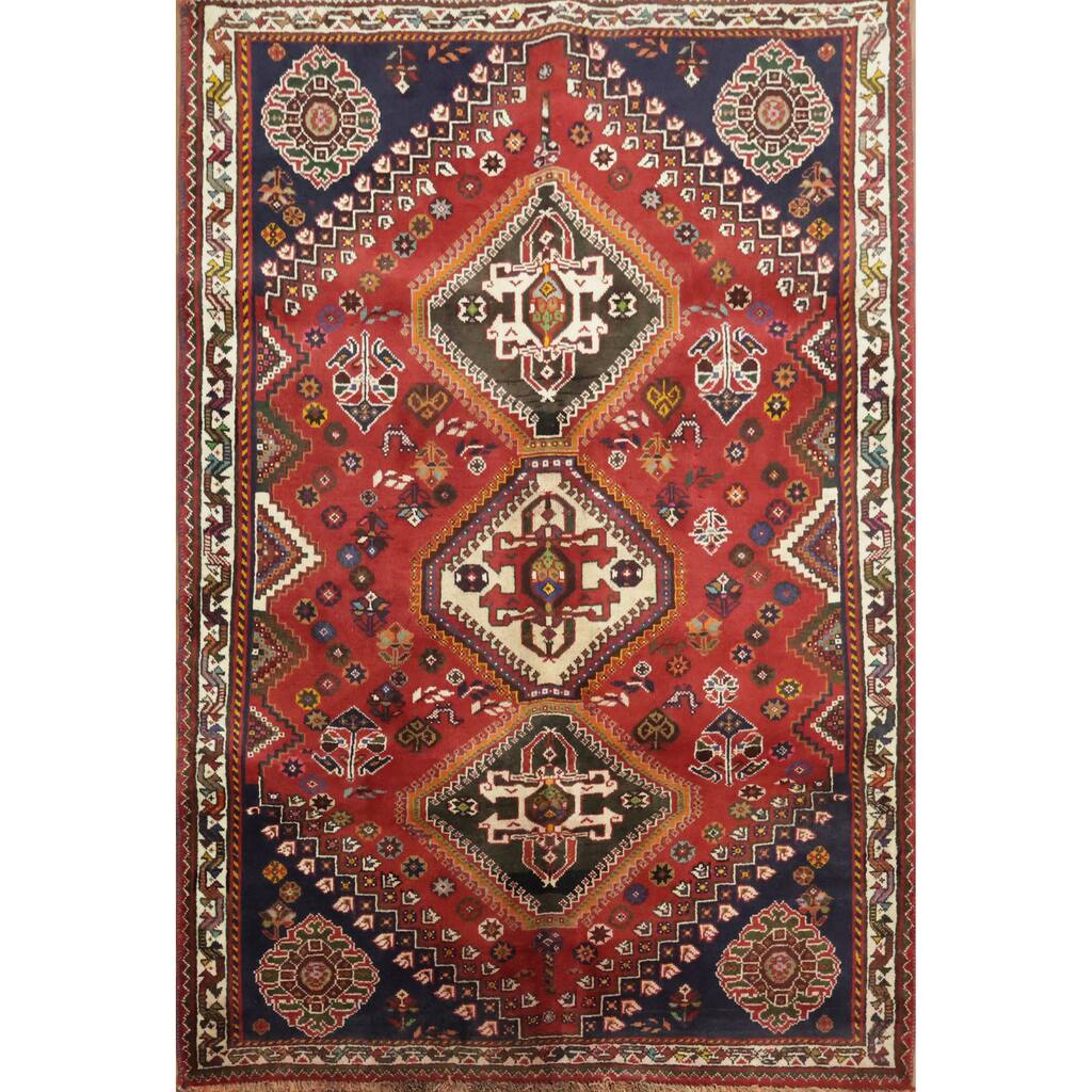 Hand Knotted Oriental 100% Wool Carpet Traditional Tribal Red Shiraz Area Rug - 6' 0'' X 4' 1''