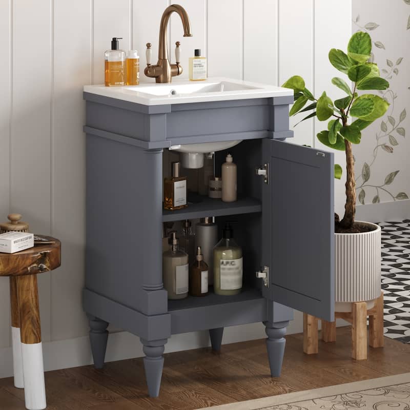 GDFStudio - Wexford Retro Freestanding Bathroom Vanity with Ceramic Sink, Solid Pine Wood Legs & Adjustable Shelf - 18'W