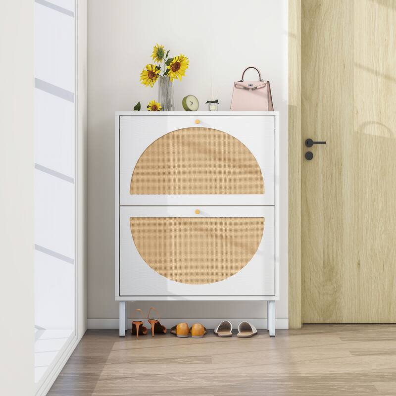 Rattan Shoe Cabinet with 2 Flip Drawer, Freestanding Entryway Organizer, Shoe Rack with Metal Legs for Living Room, Hallway