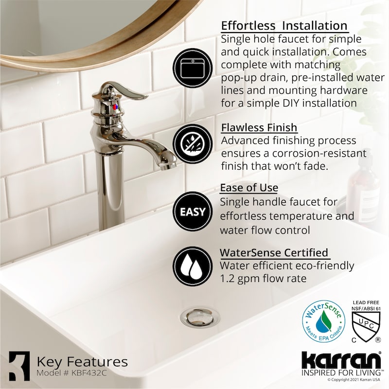 Karran Dartford Single Hole Single Handle Vessel Bathroom Faucet with Matching Pop-up Drain