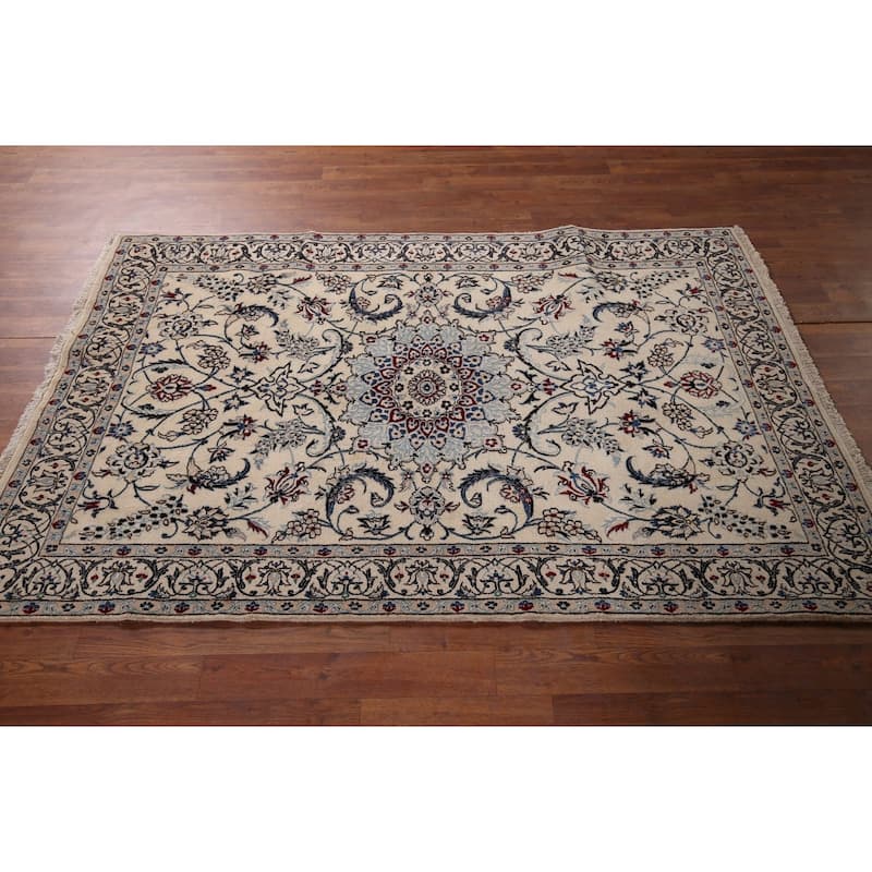 Beige Floral Nain Foyer Rug Hand-Knotted Wool Carpet - 4'1" x 6'4"