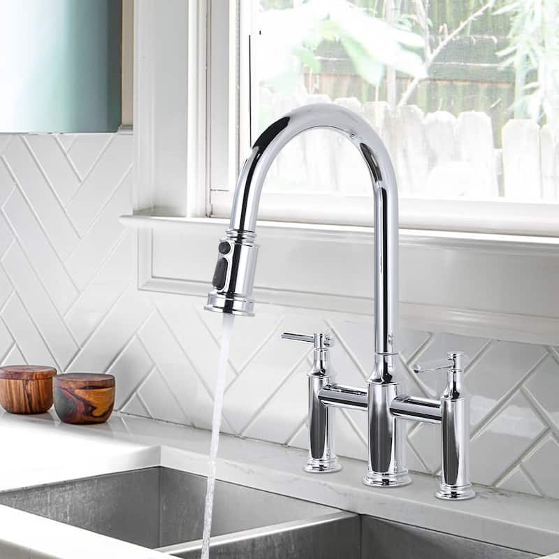 WOWOW Double Handle Pull Down Sprayer Bridge Kitchen Faucet