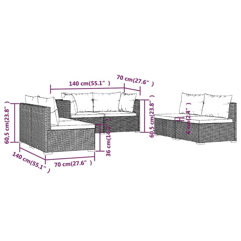 vidaXL Patio Lounge Set Outdoor Sectional Sofa Set Table Garden Poly Rattan - 27.6" x 27.6" x 23.8"