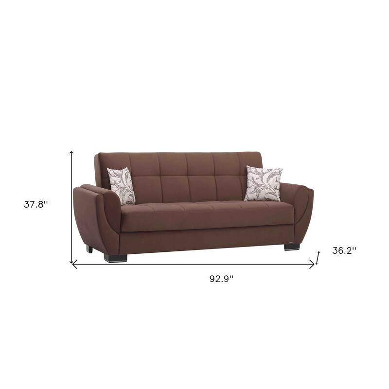 HomeRoots 93" Brown Microfiber Convertible Futon Sleeper Sofa And Toss Pillows With Storage
