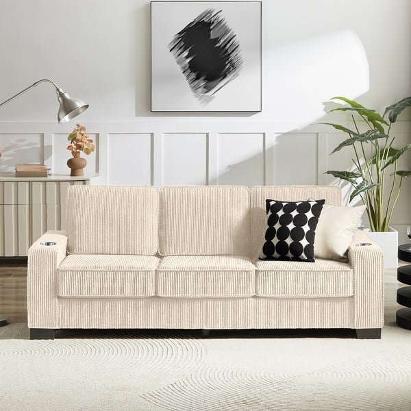 slide 2 of 41, 83.86" Corduroy Fabric 3-Seater Sofa with Cup Holders Beige