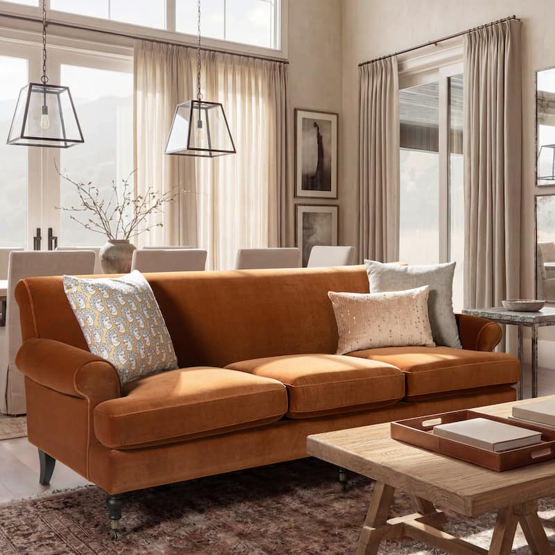 Alana Lawson 88 Inch Living Room Sofa – Three Cushion Couch with Rolled Arms and Tight Back – Minimal Assembly Required - Burnt Orange Performance Velvet