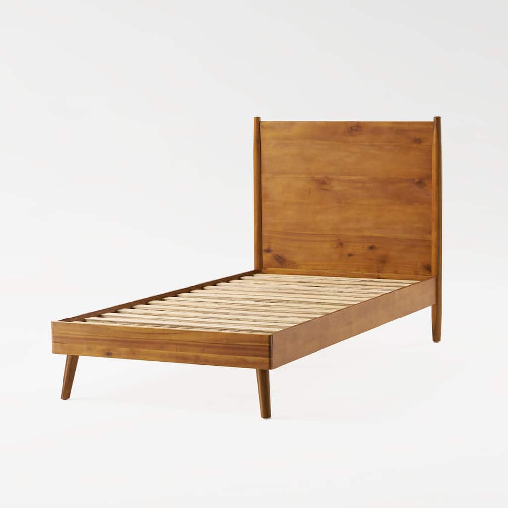 Solid Wood Twin Bed with Mid-Century Design and Durable Acacia Frame