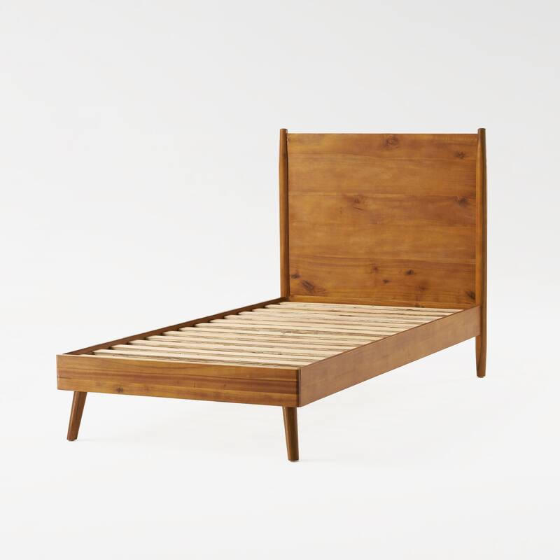 Twin Size Natural Acacia Wood Platform Bed with Mid-Century Modern Design and 600lb Capacity - Natural