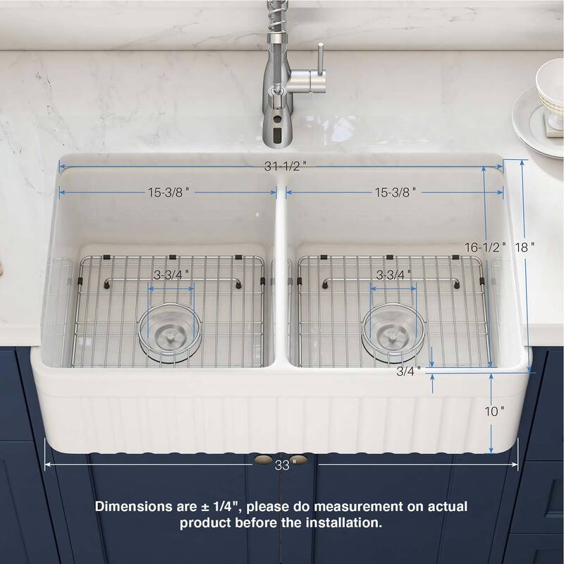 White Fireclay Farmhouse Undermount Kitchen Sink with Bottom Grid and Strainer