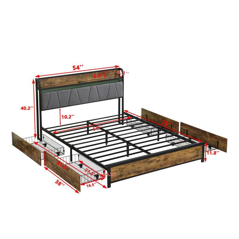 Full Size Platform Bed with Charging Station and 4 Storage Drawers,LED Lights