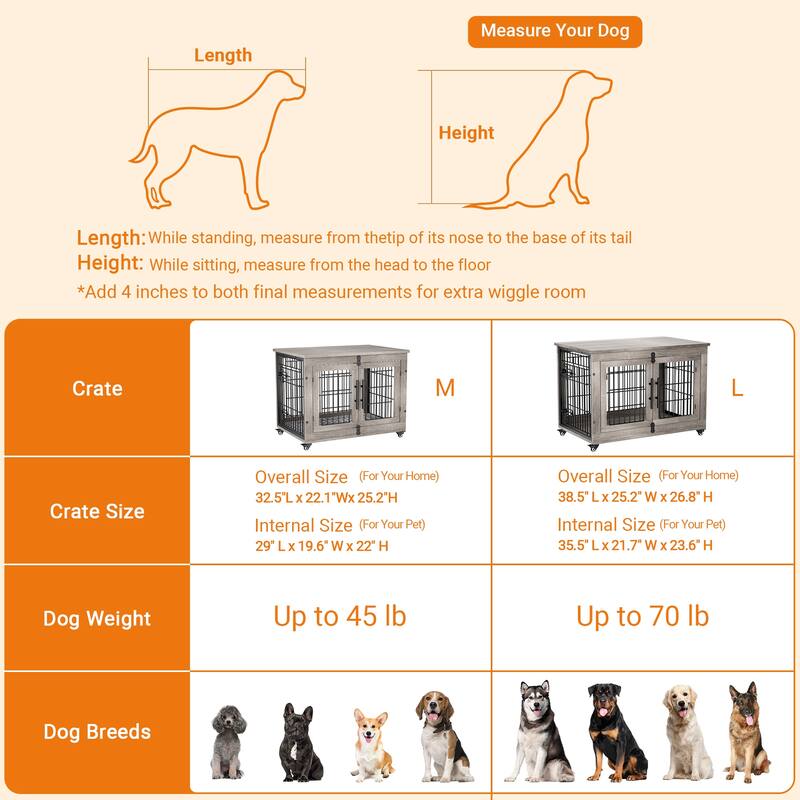 Dog Crate Indoor Heavy Duty Double Doors Wooden Dog Cage with Cushion