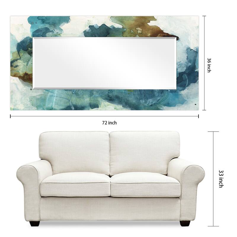 "Blue Sky" Abstract Rectangular Beveled Wall Mirror on Free Floating Tempered Glass - Multi - 72 x 36