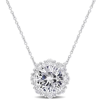 Miadora Created White Sapphire Halo Station Necklace in 10k White Gold