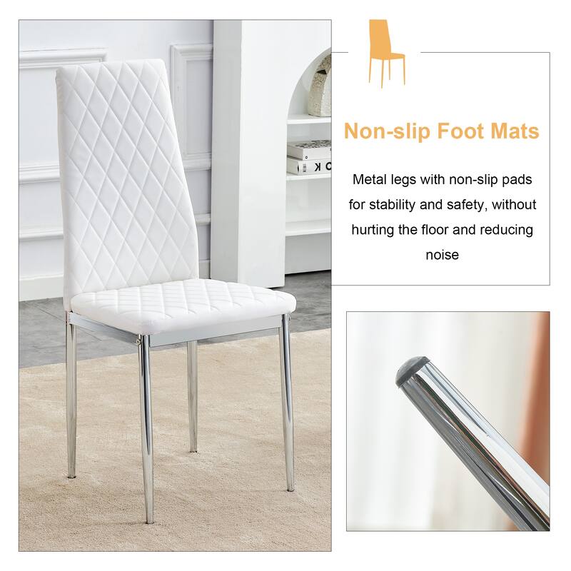 Leather Dining Table Chair Set of 6, High Back Dining Chair, Grid Armless Lounge Chair, Office Chair with C-Shaped Metal Legs